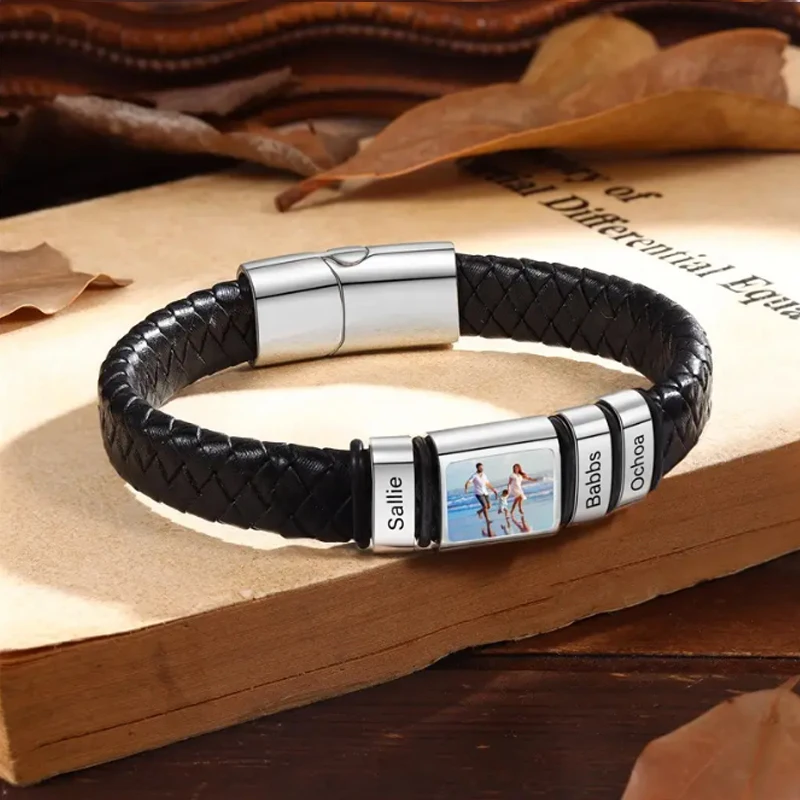 Personalized Photo Name Bracelet for Men Custom Picture Bracelet Leather Engraved Name Bracelet Jewelry Gift for Men Boy Husband