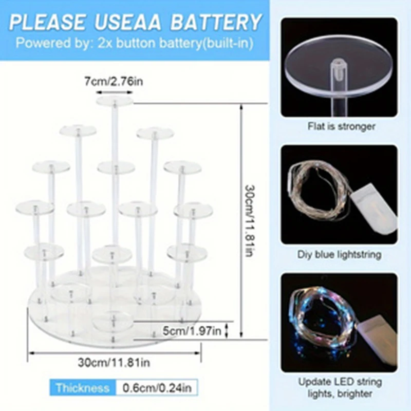 Acrylic Cupcake Stand, 16 Cupcakes Pastry Tower with LED Light String Display Holder, Dessert Stand Cupcake Pastry