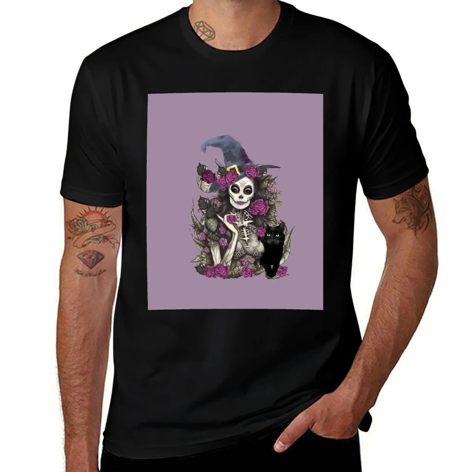 

Witch and cat for cute Halloween, purple roses,scary, spooky gothic floral lady T-Shirt cute tops oversized mens clothing