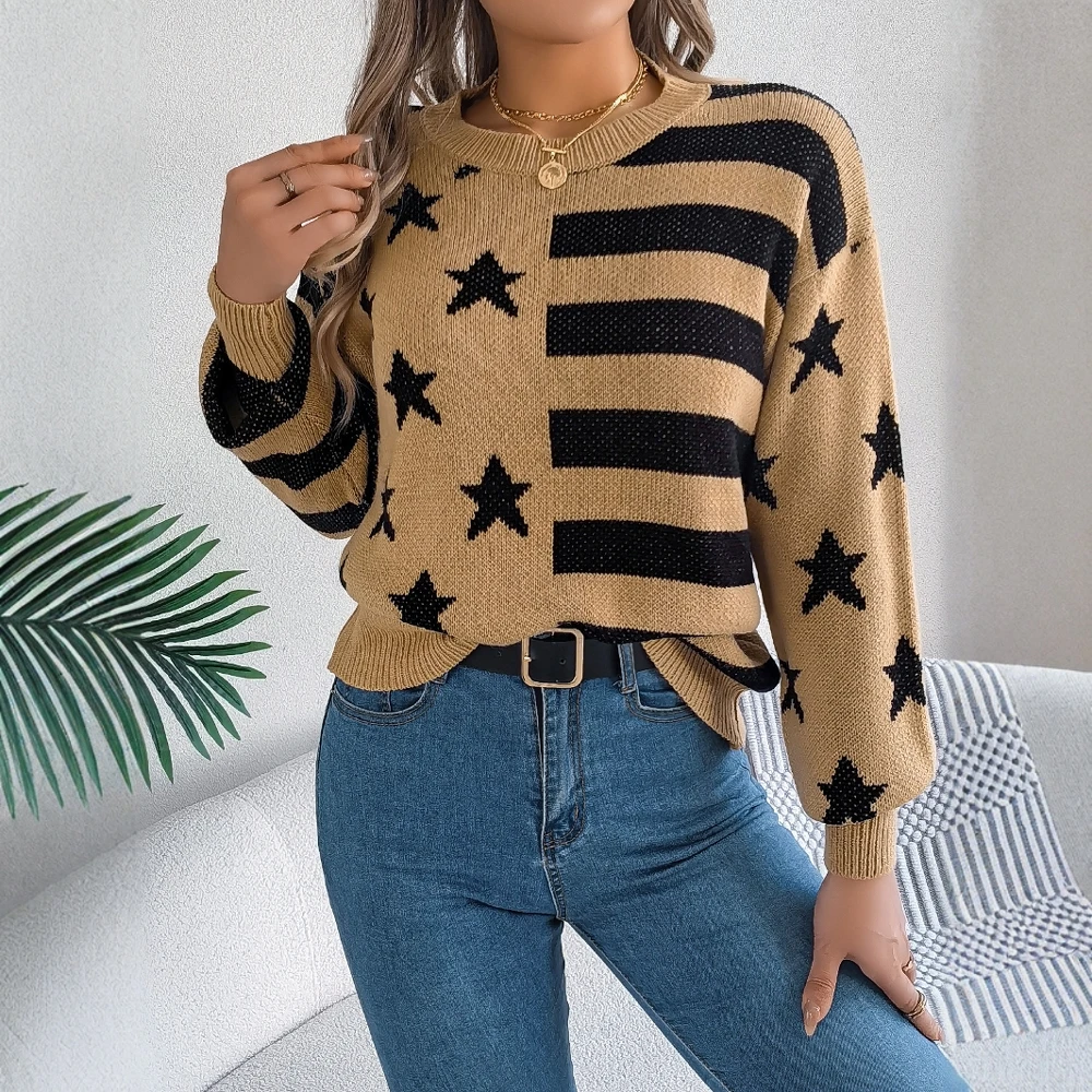 

Women's Autumn Winter 2025 Sweater Star & Stripe Knit Contrast Ribbing Retro Colorblock Long Sleeve Round-Neck Sweater