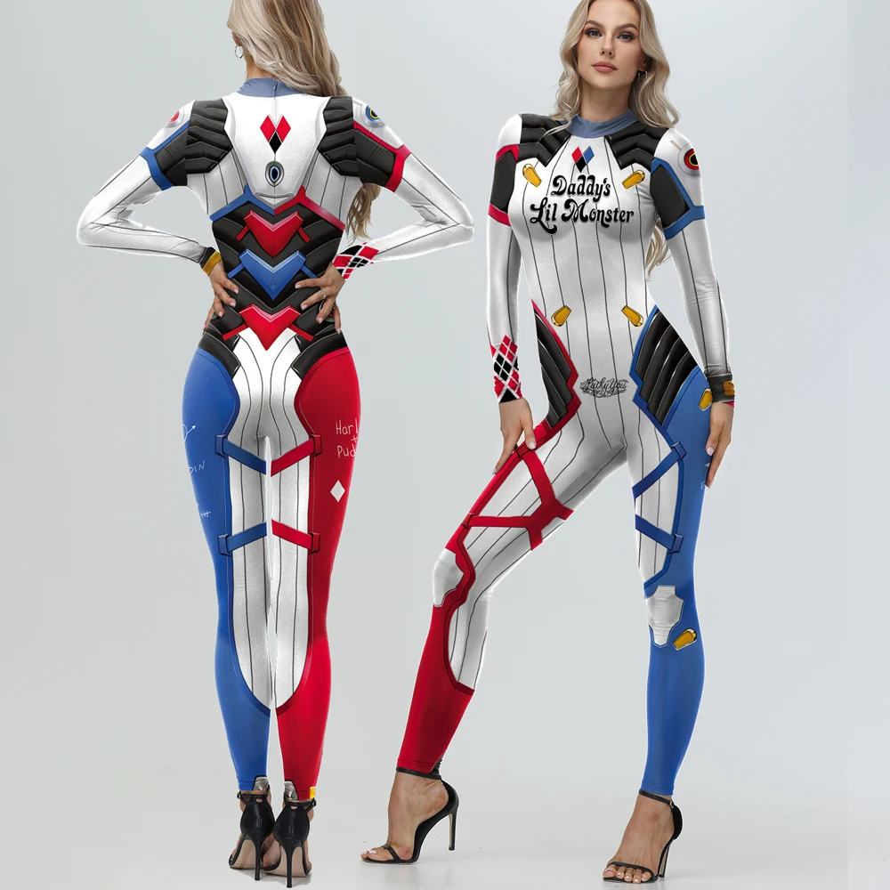 Halloween Sexy Female Clowm Cosplay Colorblocked Pattern Printed Jumpsuit Superheroine Rave Performance Bodysuit Party Costume