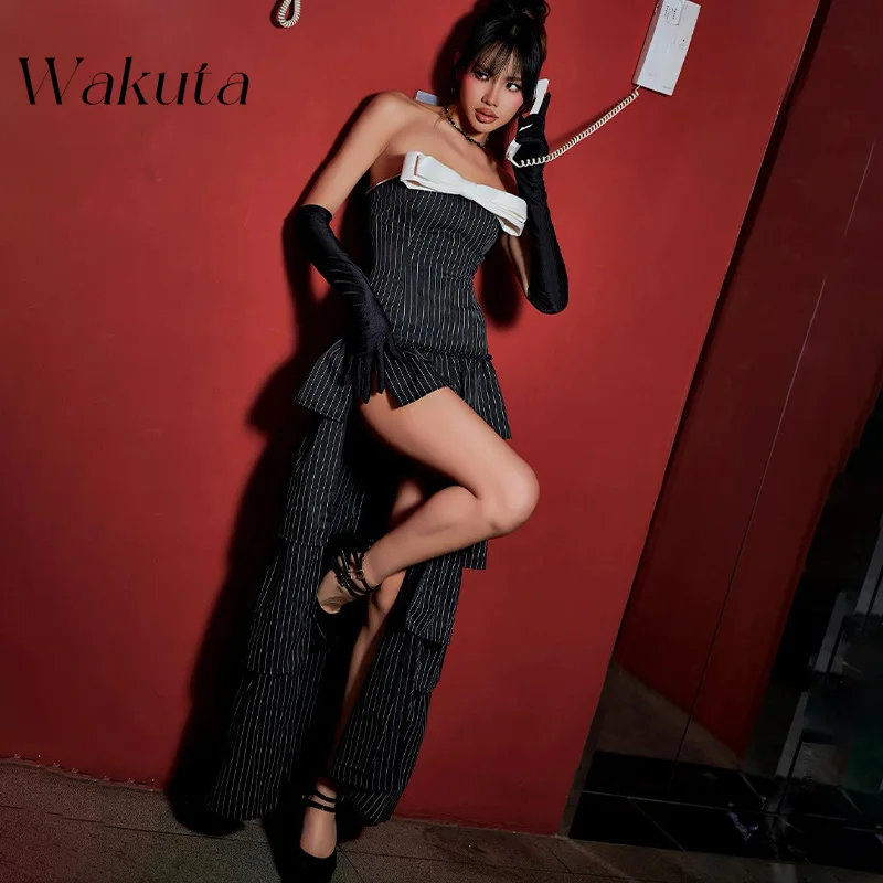 WAKUTA-vestido Vintage a cuadros sin tirantes para Mujer, maxivestido Sexy con volantes, estilo callejero, moda americana