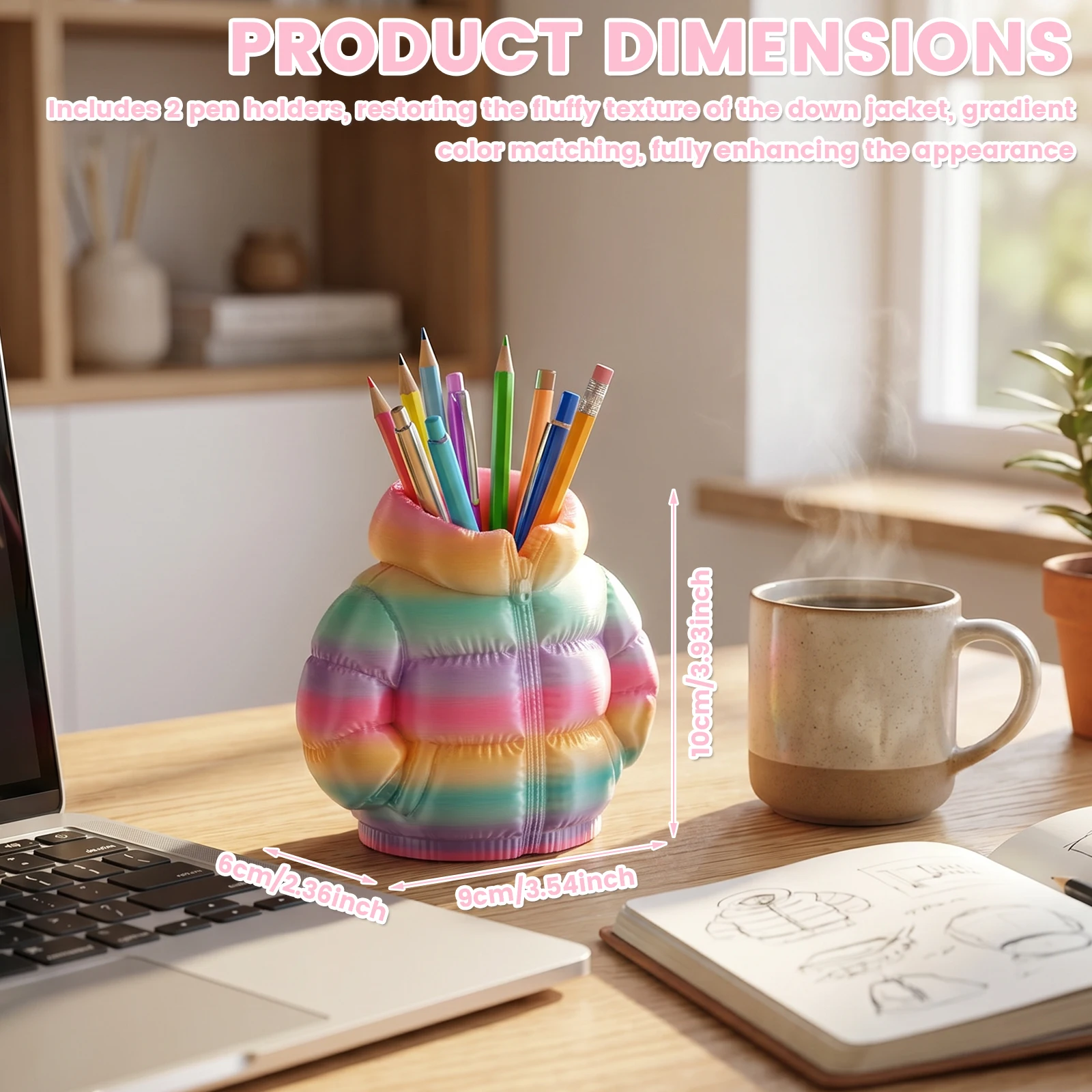 2Pcs Puffer Jacket Pen Holder Gradient Down Coat Pencil Holder Cute Decor Storage Box for Pen Makeup Supply Creative Present