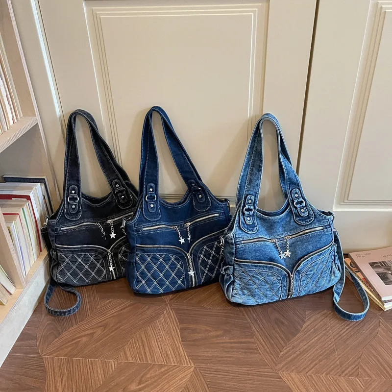 Women Vintage Washed Denim Shoulder Bag Y2K Star Charm Multi Zipper Handbag Large Capacity Removable Strap Crossbody Tote Bag