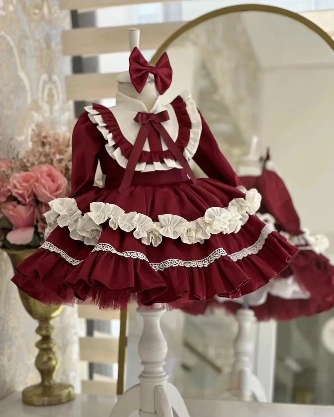 0-12Y Baby Girl Spring Burgandy Turkish Vintage Princess Dress for Birthday Holiday Easter Photography Eid