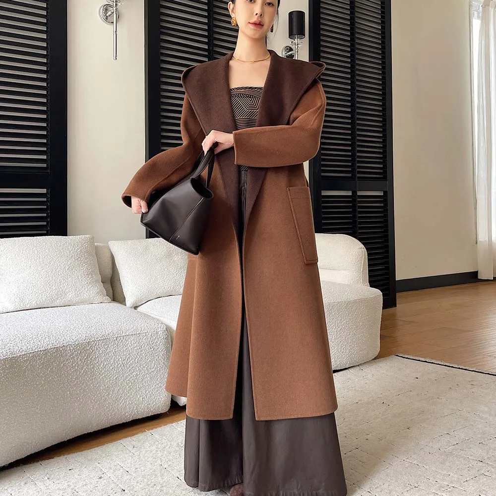 

Осень/зима 2022, новое высококачественное двустороннее кашемировое пальто, длинная шерстяная куртка с капюшоном для женщин