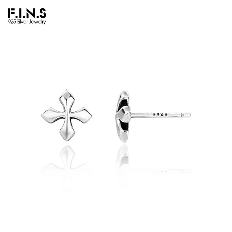 

F.I.N.S Retro Old S925 Sterling Silver Stud Earrings Vintage Cross Piercing Ear Fine Jewelry Prevent Allergy Accessories