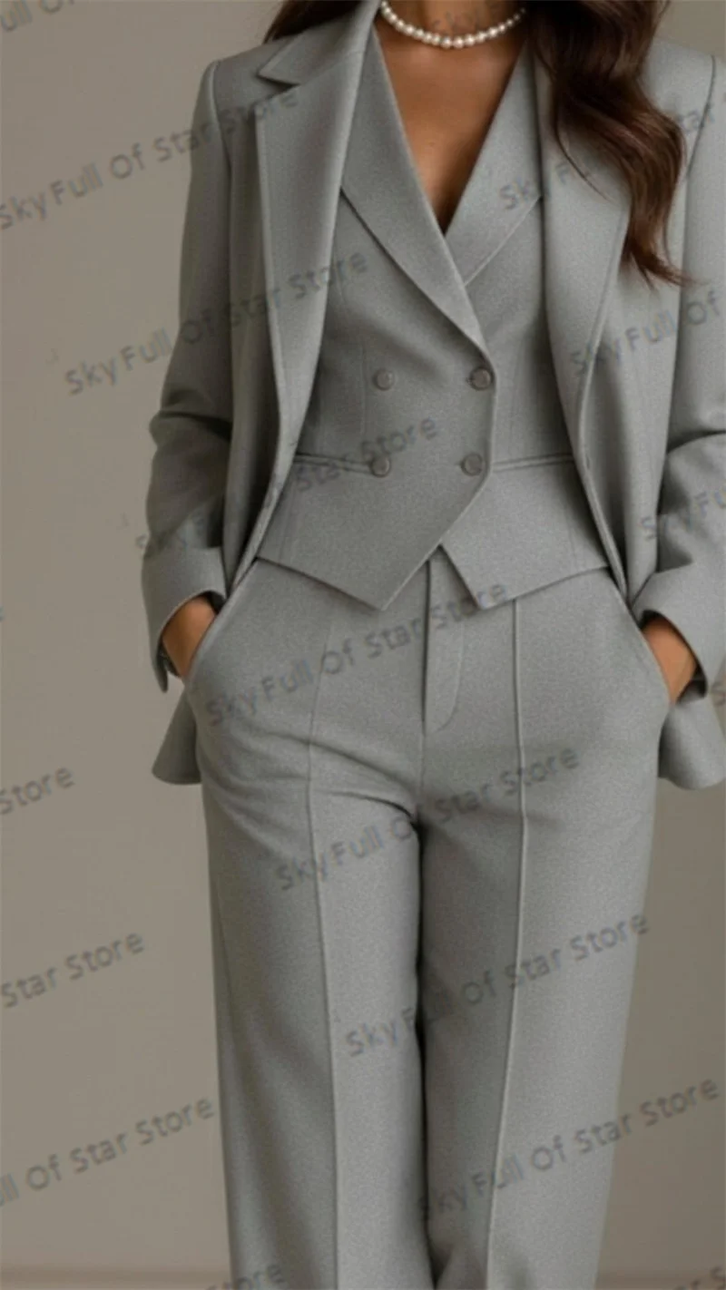

Grey Women Suit Set Customized 3 Pcs Blazer+Vest+Pants Trousers Spring Formal Office Lady Jacket Cotton Wedding Prom Dress