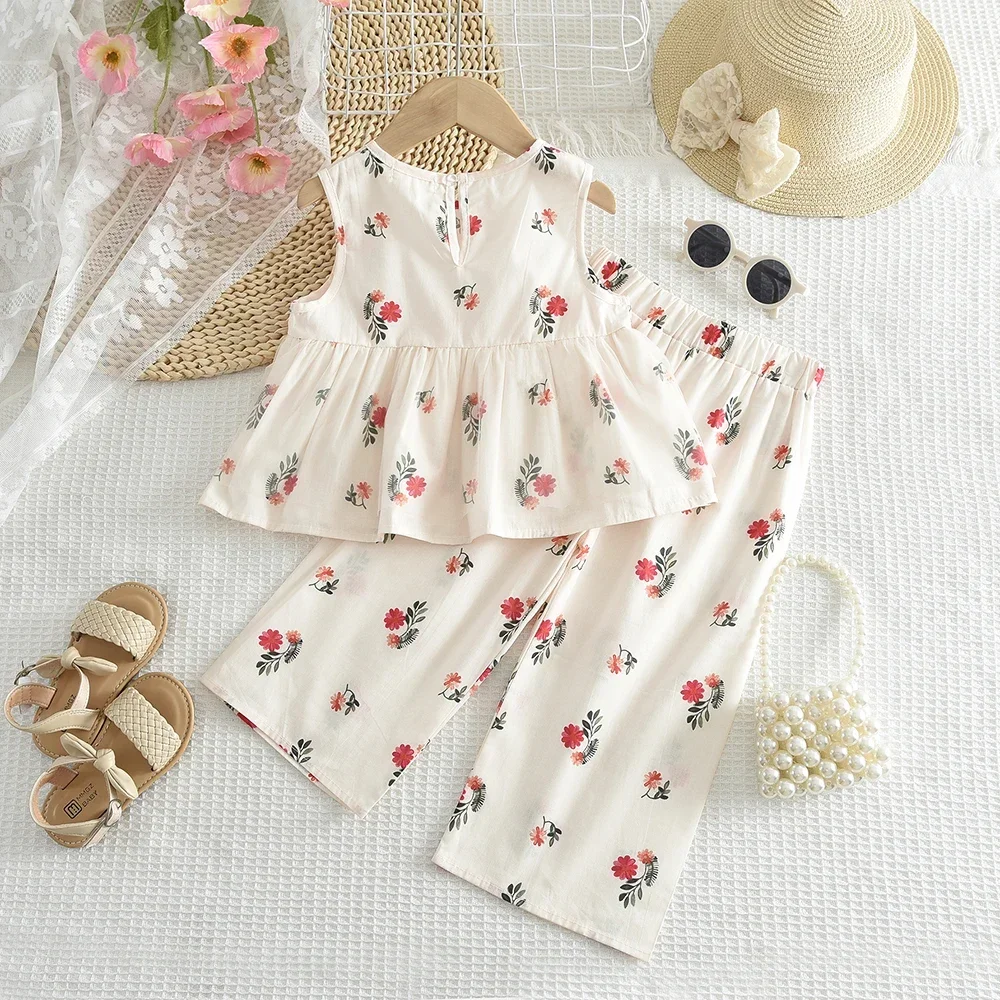 Beige Flower Print Girls' Casual Suit Summer New Round Neck Pleated Vest Top+wide Leg Pants Set Daily Children 3-7 Years Old