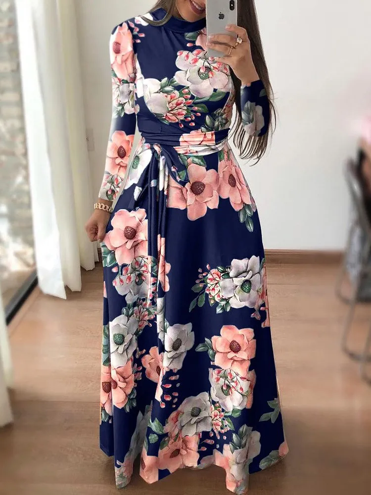 Autumn Winter Floral Print Long Sve Dr Women's High Waist Knitted Gown Vintage Sle Commute Friendly A-Line Skirt