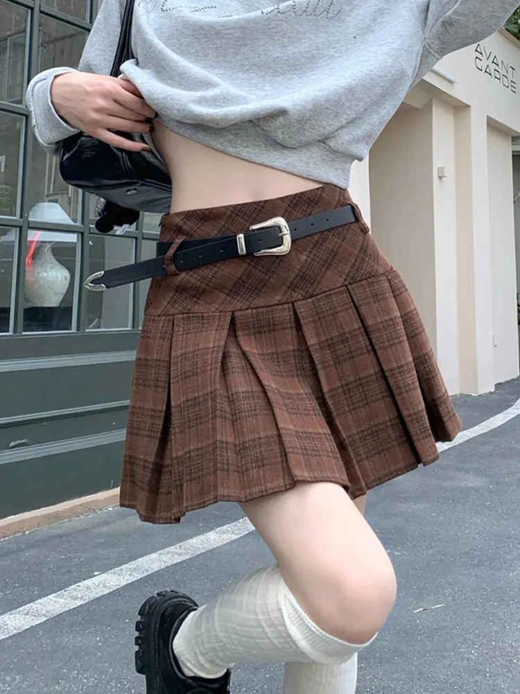 

Мини-юбка в клетку в стиле преппи, женская осенняя юбка с высокой талией, винтажный пояс, студенческие плиссированные юбки, женская повседневная юбка трапециевидной формы в стиле ретро, универсальная юбка