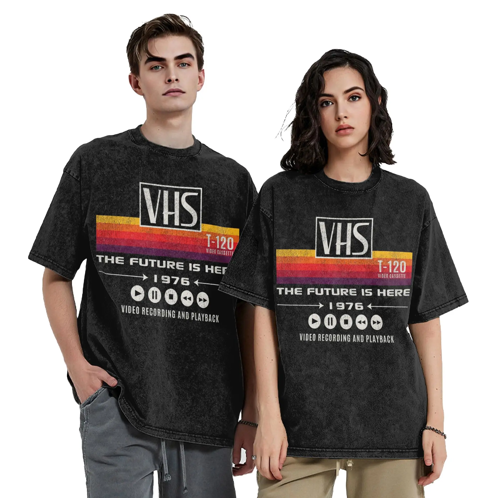 Washed T Shirt VHS The Future Is Here 1976 Worn Out Video Tape Hip Hop T-Shirt Streetwear 100% Cotton Summer Tees for Men Women