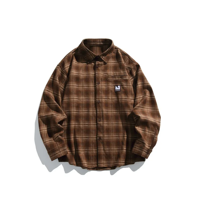 

New American Nostalgic Plaid Shirt, Long Sleeve T-shirt with Embroidered Accent, Unisex Clothes for Autumn