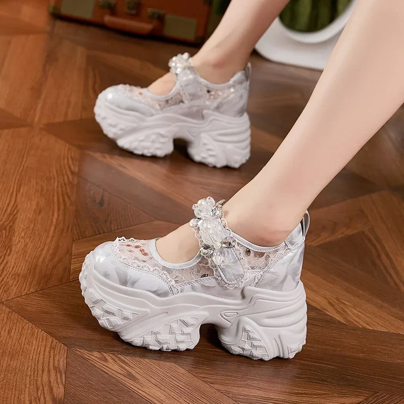 9cm Women Summer Platform Wedge Microfiber Platform Wedge Hollow Air Mesh Synthetic Leather Shoes Vulcanize Slides Sandals