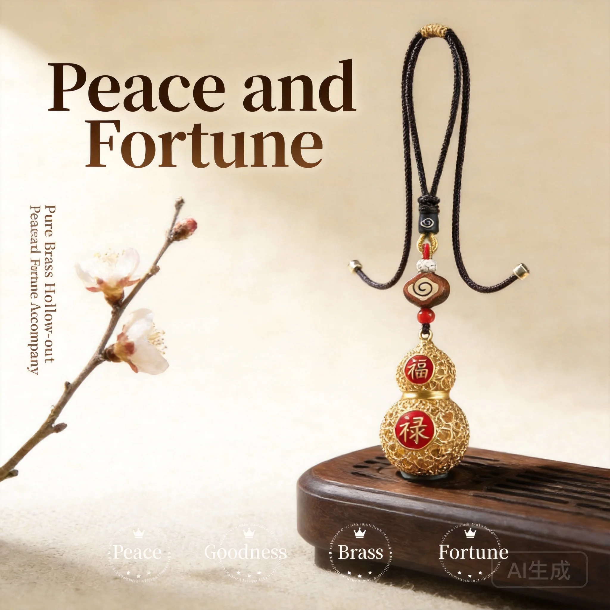 

Car Rearview Mirror Hanging Ornament For Driving Blessing Gift 2026 Gold Plated Brass Gourd With Auspicious Cloud Sandalwood Tag