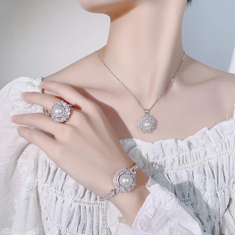New Jewelry Pearl Gemstone Set Necklace Bracelet Ring Wholesale Women's High-end Versatile