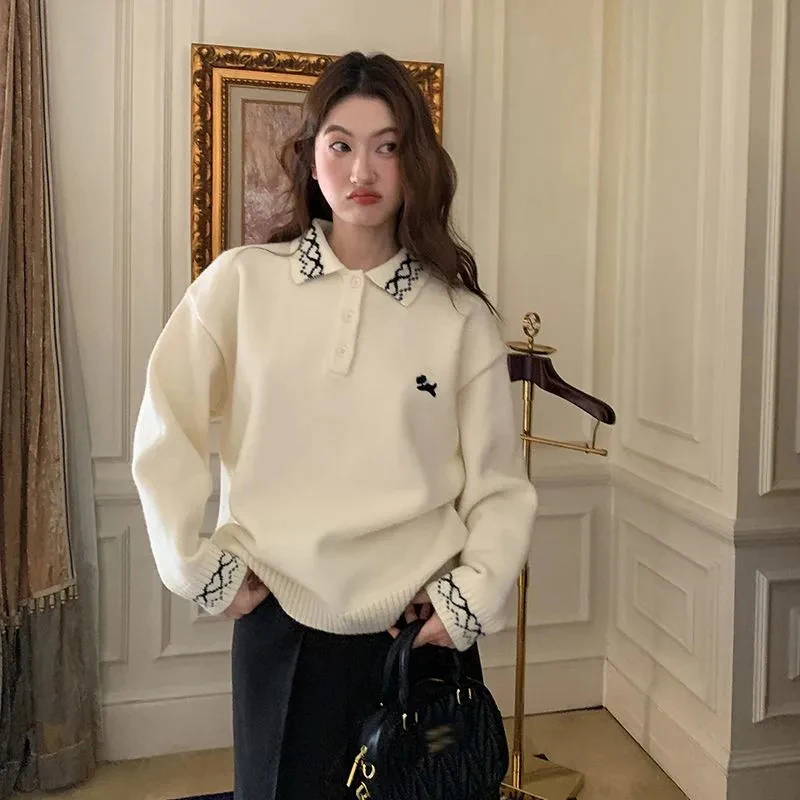 Japanese Preppy Knit Sweater Women Puppy Embroidery Sweet Lazy Wind Casual Pullovers Loose Long Sleeve Cute Print Korean Jumpers
