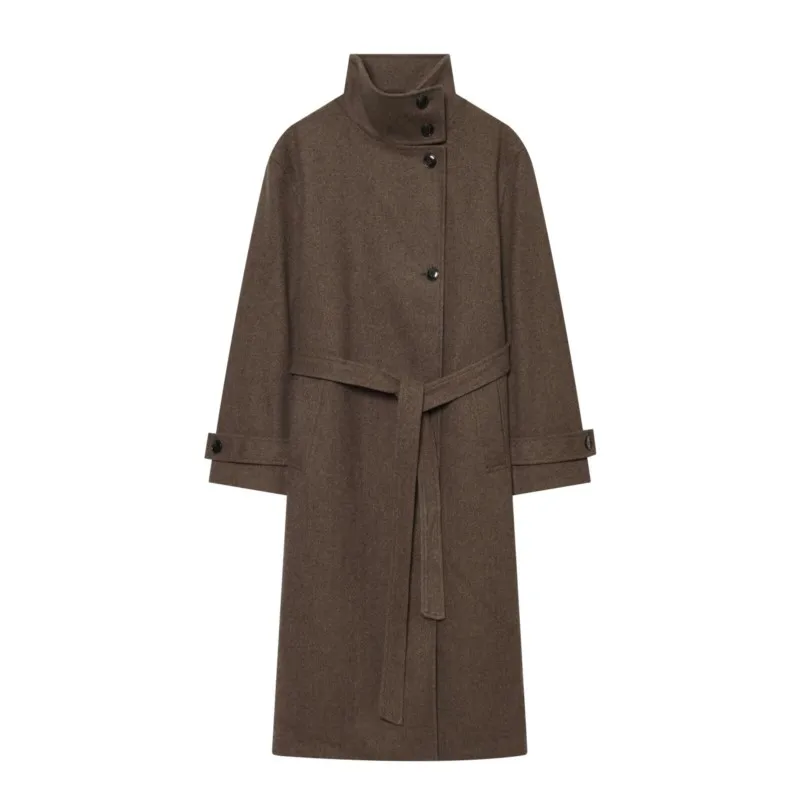 HipSeam Women's Long Coat With Belt New 2026 Autumn Stand Collar Long Sleeve Button Women Winter Overcoat Chic Female Coats
