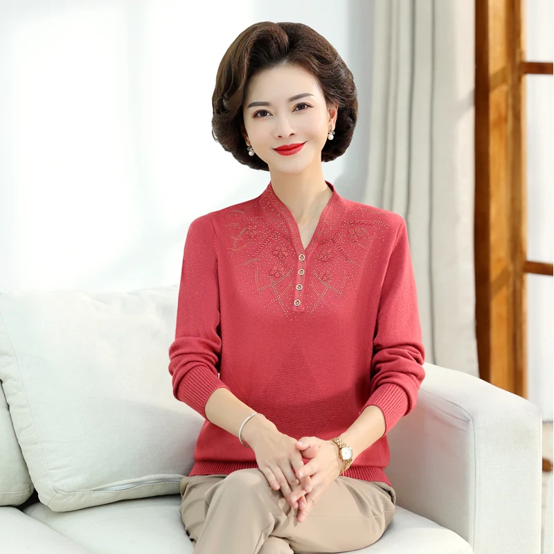 Middle-aged Women\'s Autumn Sweaters Pullovers V-neck JUmper Hot diamond Knitting Sweater Mother Dress Tops