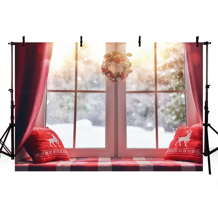 Christmas Photographic Backdrop Solider Doll Shop Cupboard Hot Cocoa Family Festival Background Red Curtain Window Photo Studio