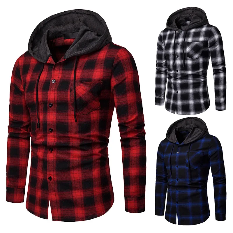 VOLALO Men's Fleece Lined Plaid Jacket Men's Button Solid Color Vintage Cotton Jacket Tops Blouse Autumn Winter Hooded Coat