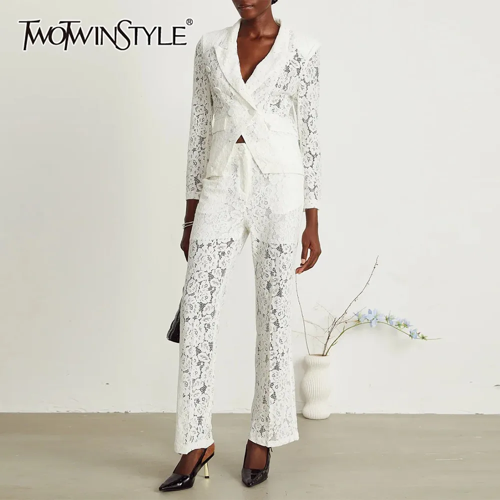 TWOTWINSTYLE Solid Spliced Lace Two Piece Set Female V Neck Long Sleeve Jacket Commute Luxury Women's Trousers Set Autumn New