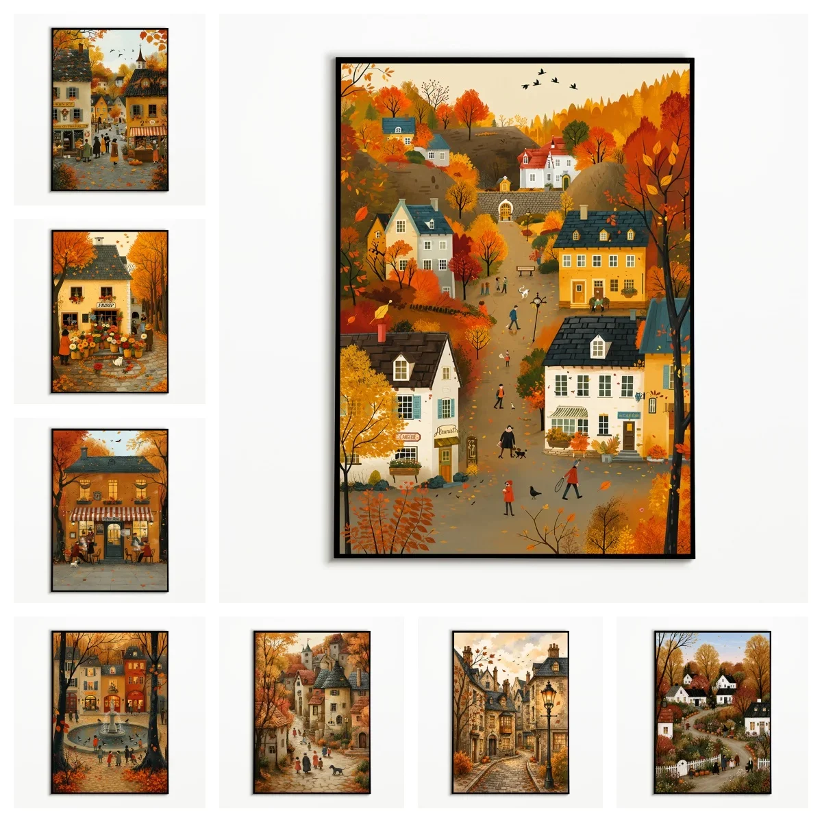 Frameless canvas paintings,1PC Autumn Fairy Tale Town Street Scene Poster  Fall Thanksgiving Pumpkin and Autumn Leaves Wall Art