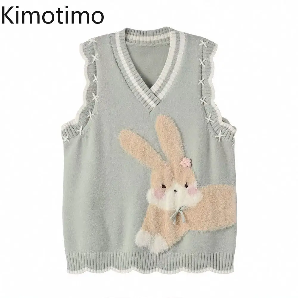 Kimotimo Cute Rabbit Jacquard Knitted Vest Women V Neck Loose Sleeveless Overlap Sweater Japanese Y2k Aesthetic Kawaii Pullover