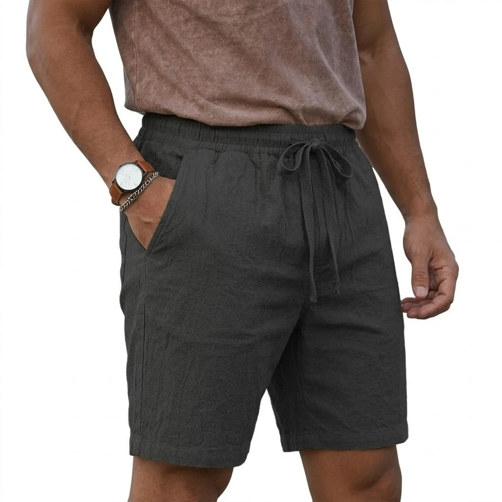 Mens Cotton Linen Short Pants Baggy Bottoms Drawstring Casual Shorts Lightweight Summer Wear for Beach and Outdoor Sports