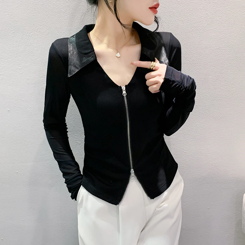 2024 New Spring European Clothes T-Shirt Chic Spliced Sexy Zipper Cardigan Women\'s Tops Long Sleeve Bottoming Shirt Tees 42019