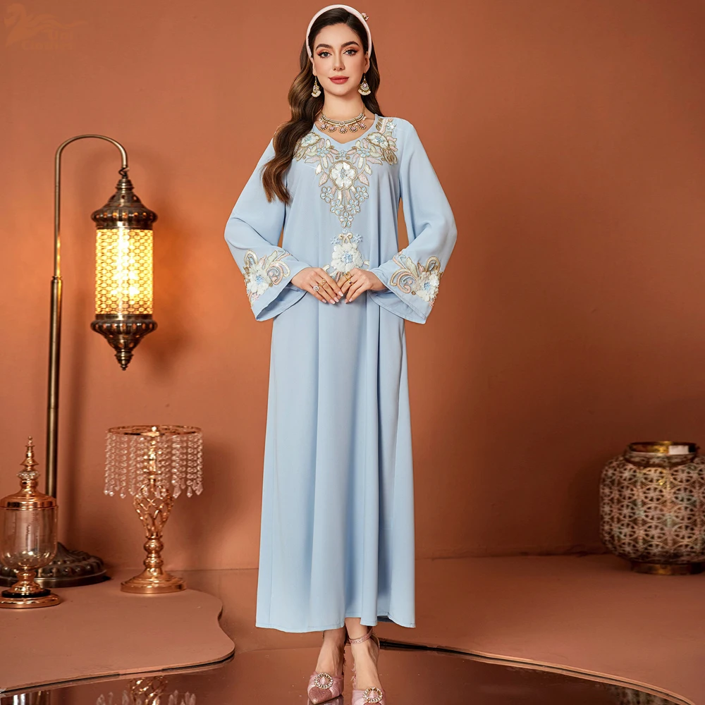 

Uni 2025, Рамадан, элегантные абайи с цветочной вышивкой, Саудовская Аравия, Турция, исламские платья с v-образным вырезом для женщин, гала-концерт