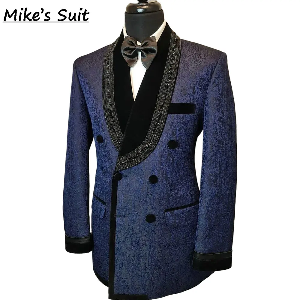 Navy Blue Jacquard Wedding Suit Groom Wear Black Edge Man's Suits Formal Tuxedo Two Pieces Set Blazer And Pants Traje De Novio