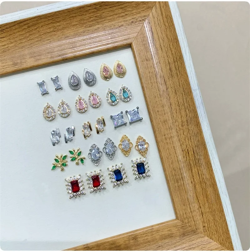 5 Pieces New Copper Inlaid Color Zircon Nail Charms Oval Teardrop Rectangle Shaped Rhinestones DIY Press On Nails Accessories