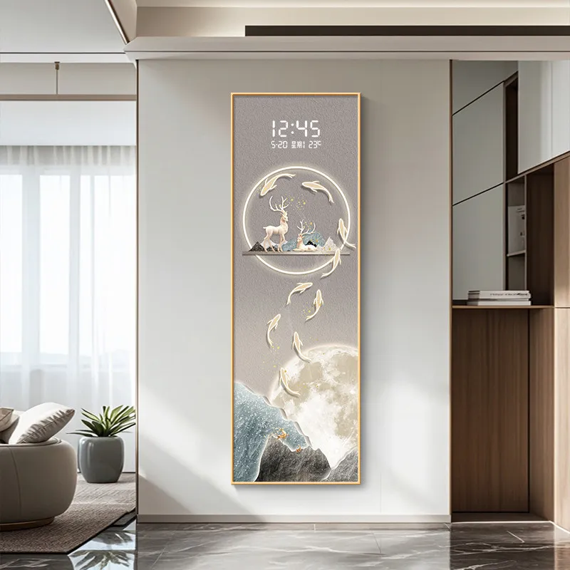 Luxury Modern Entrance Decoration Painting Led Electronic Clock Living Room Tv Background Creative Wall Lamp Luster Home Decor