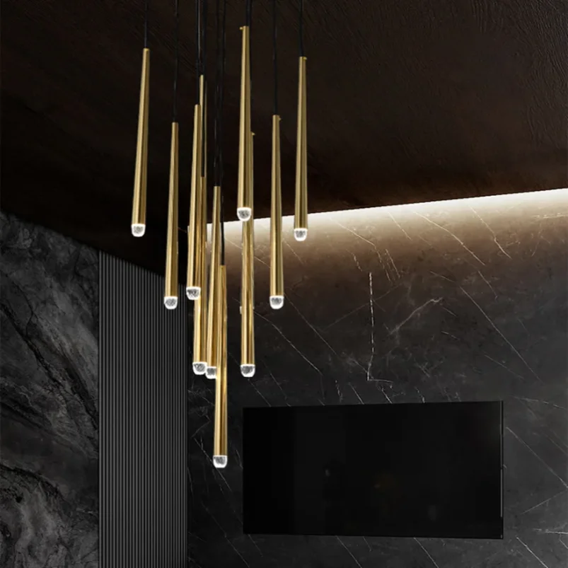 

Postmodern Luxury Crystal LED Chandeliers Nordic Golden Black Long Chandelier Stairs Hanging Lamp Restaurant Ceiling Chandeliers