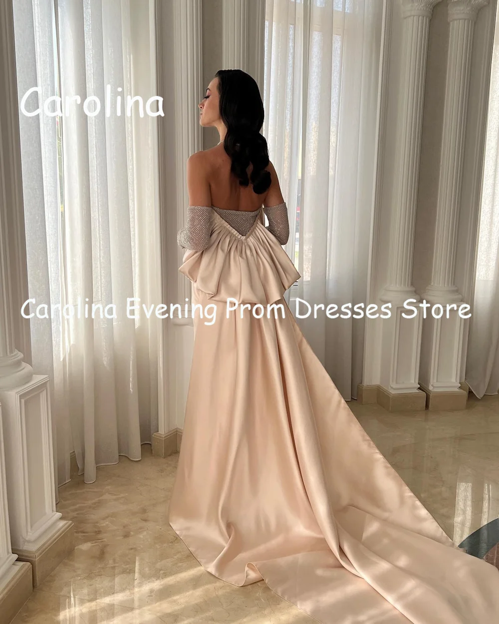 Carolina Satin Mermaid Strapless Arab Ruffle Prom Gown Floor Length Saudi Evening Formal Elegant Party Dress for Women 2023