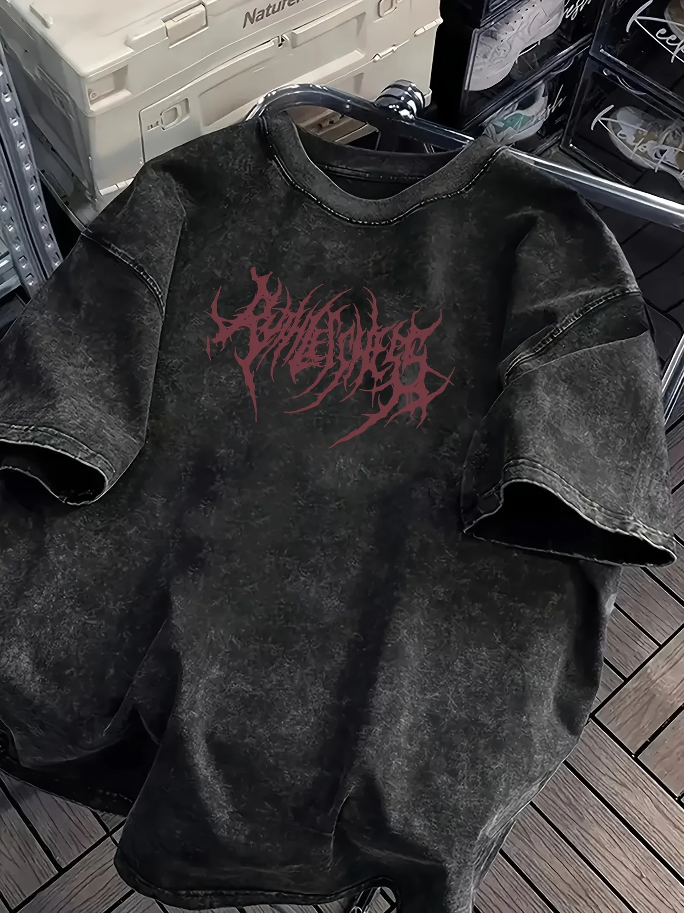 Vintage Acid Wash Powerfulness Gothic Metal Font Grafik-T-Shirt Oversized Streetwear Lässige Baumwoll-Tops für Herren und Damen – Detail 5