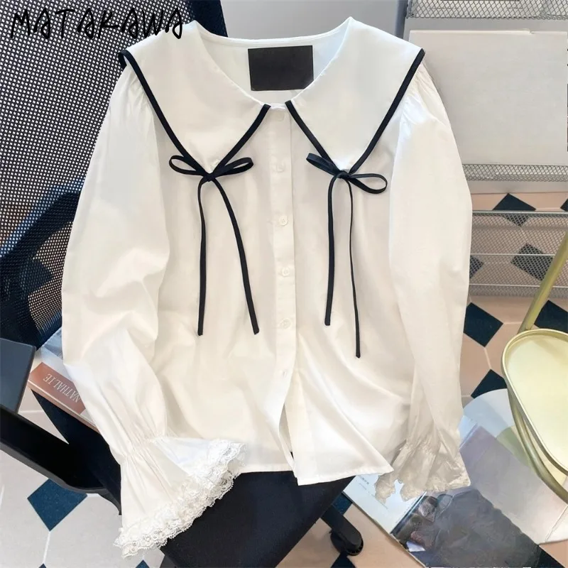 

Matakawa Woman Shirts&blouses Contrast Color Sweet Bows Flare Sleeve Elegant Blusas Mujer Korean Fashion White Retro Camisas