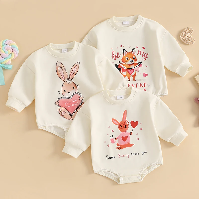 Mubineo Baby Girls Valentine's Day Romper Spring Long Sleeve O Neck Heart Fox/Heart Bunny Print Sweatshirt Romper Baby Clothing