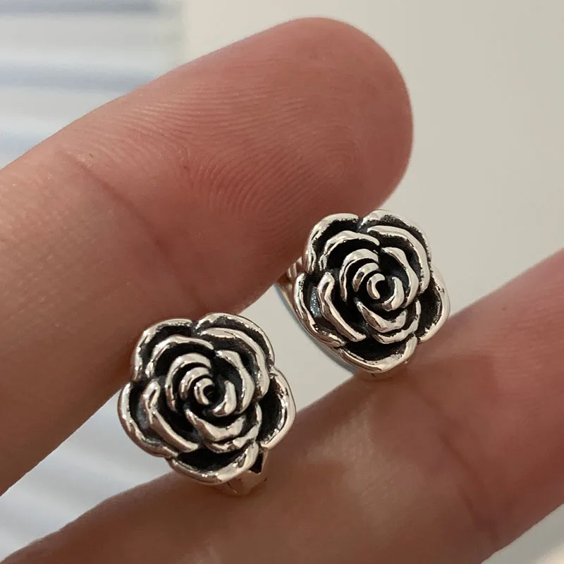 KOFSAC Vintage Rose Hoop Earrings For Women Trendy S925 Silver Jewelry Elegant Flower Earring Lady Glamorous Party Accessories