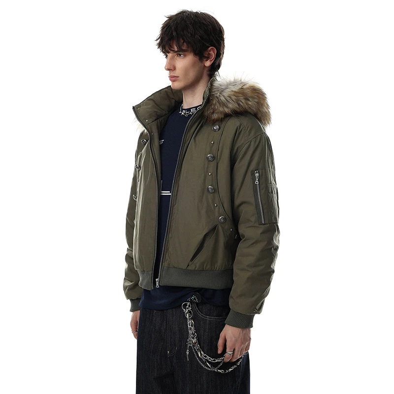LUZHEN 2026 New Trendy Buttoned Decorate Patchwork Design Faux Fur Hooded Parka Men Fashion Solid Color Warm Padded Coat JY9253