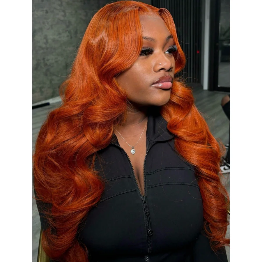 200% 34 pulgadas jengibre naranja cuerpo onda 13x4 pelucas frontales de encaje transparente brasileño prearrancado con pelo de bebé # 350 colores