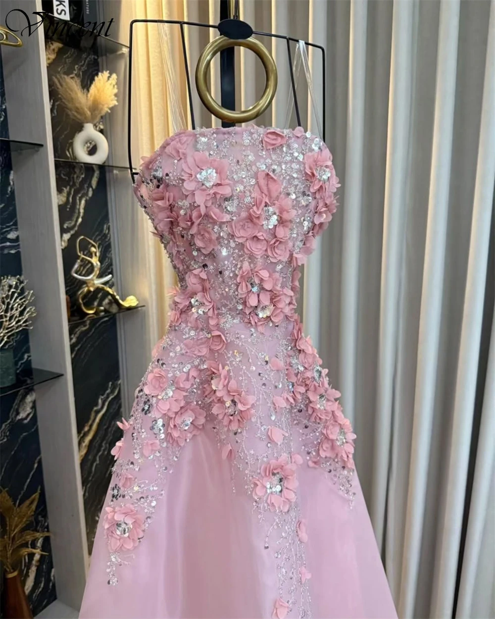 Customized Exquisite Strapless Lace Party Dresses with Sparkly Sequined Simple Pink Organza Prom Gown Lace Up Back Evening Dress image 4