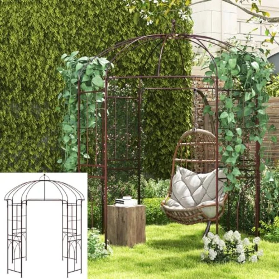 Outdoor metal garden arch for climbing plants, bronze, birdcage shape, French style, 8.4 H x 7 W, with 16 ground stakes, ideal