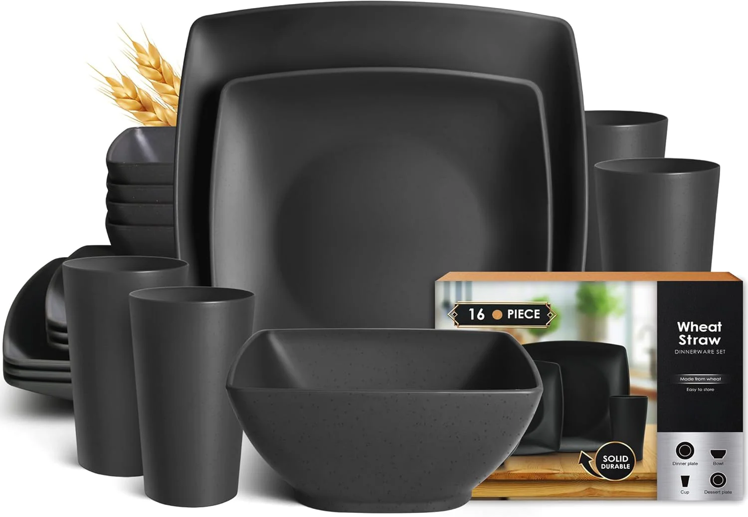 Tyrixma 16 Pcs Plastic Square Dinnerware Set - Durable Dishwasher Microwave , Stackable, Space-Saving - For 4 People, Includes Dinner Plates, Salad Plates, Snack Bowls, Tumblers 20 Oz.