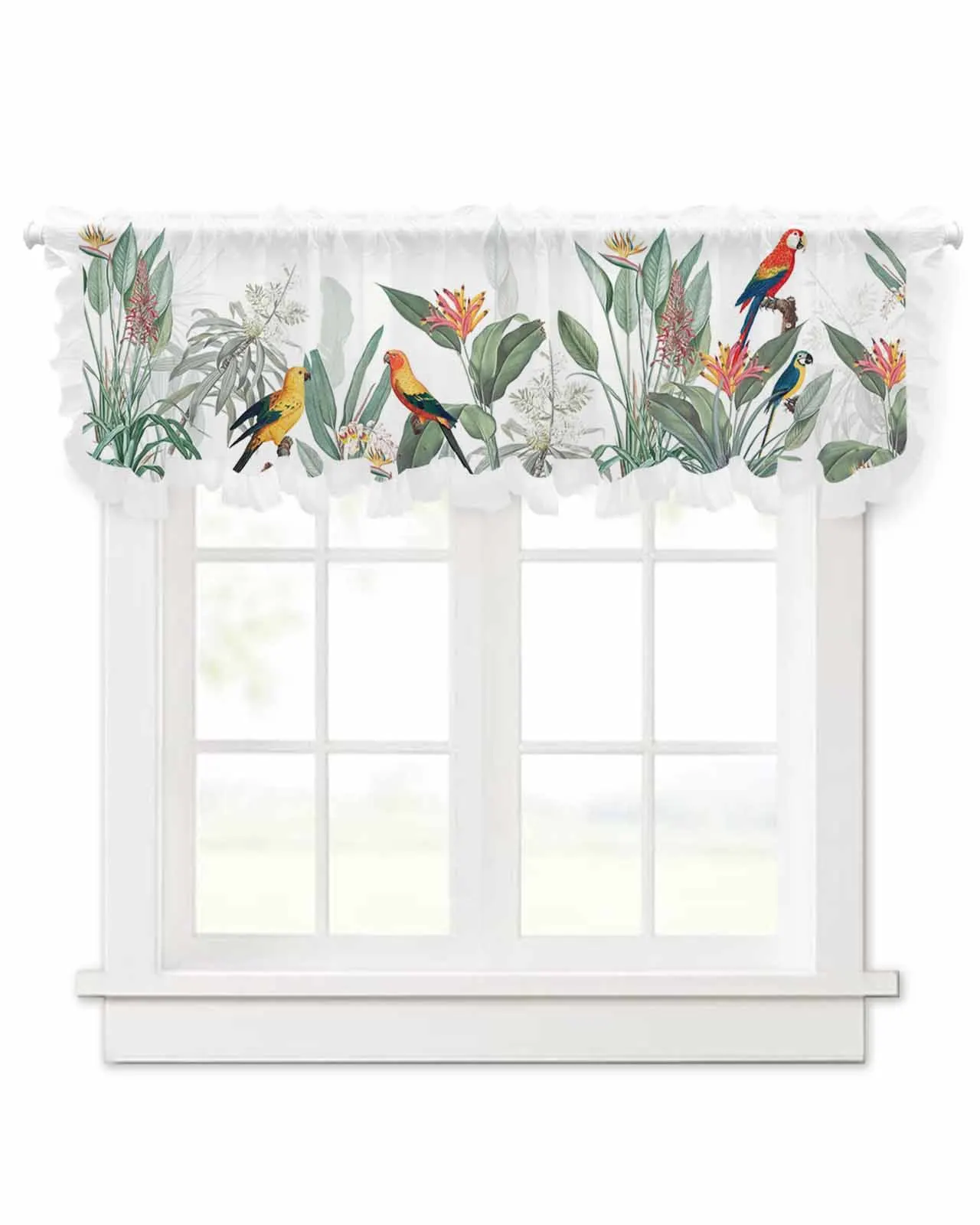 Ins Style Tropical Plants Parrot Short Tulle Half Curtains for Living Room Kitchen Door Cafe Window Sheer Valance Drapes