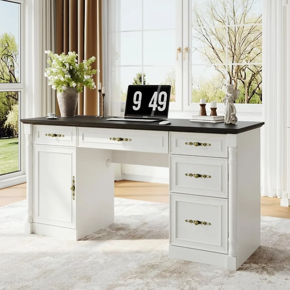 

60 farmhouse administrative desks with drawers, home desks with charging stations, keyboard trays, and file cabinet storage