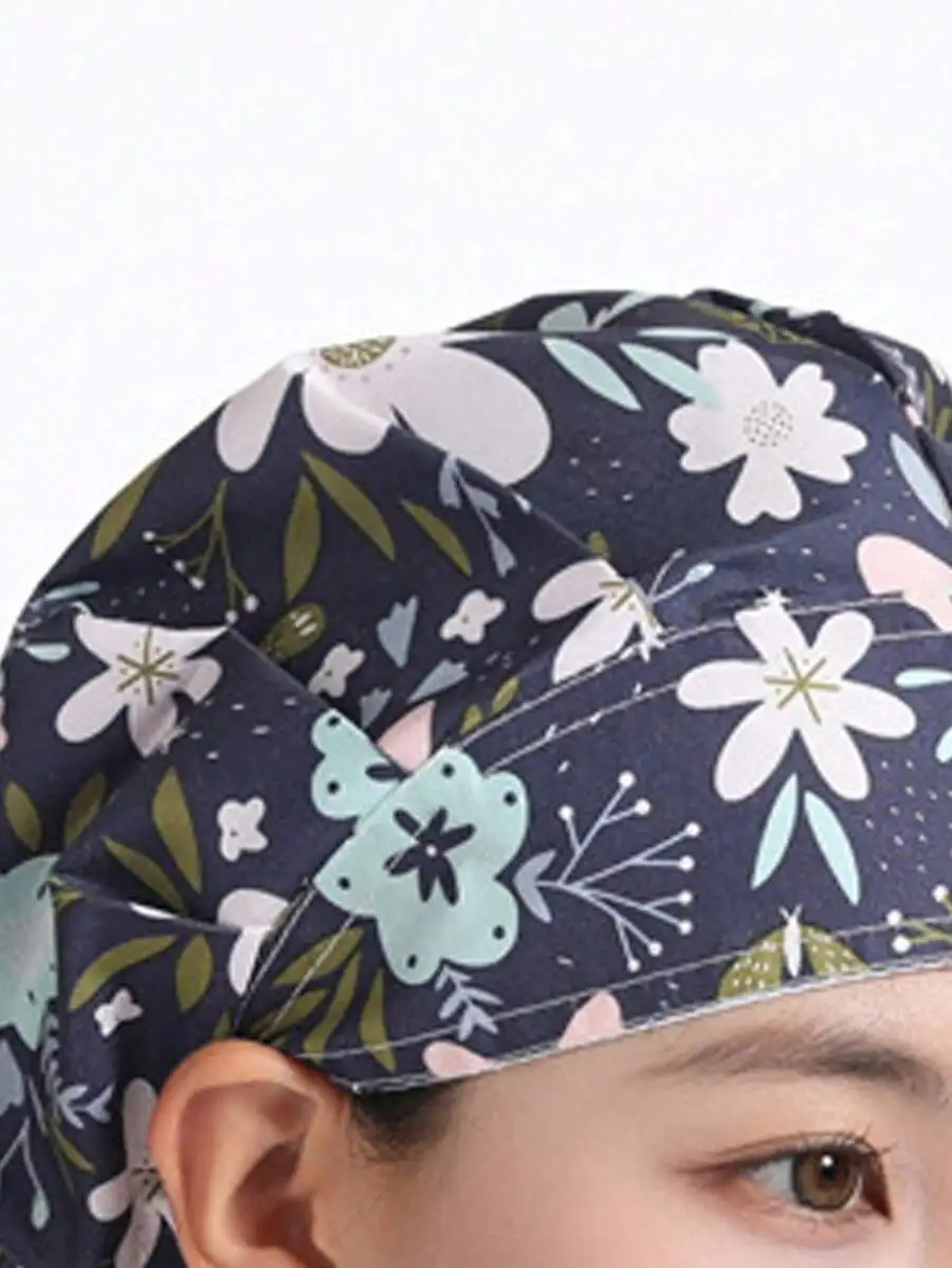Women Blue Floral Print Adjustable Breathable Chef Hat Kitchen Uniform Washable