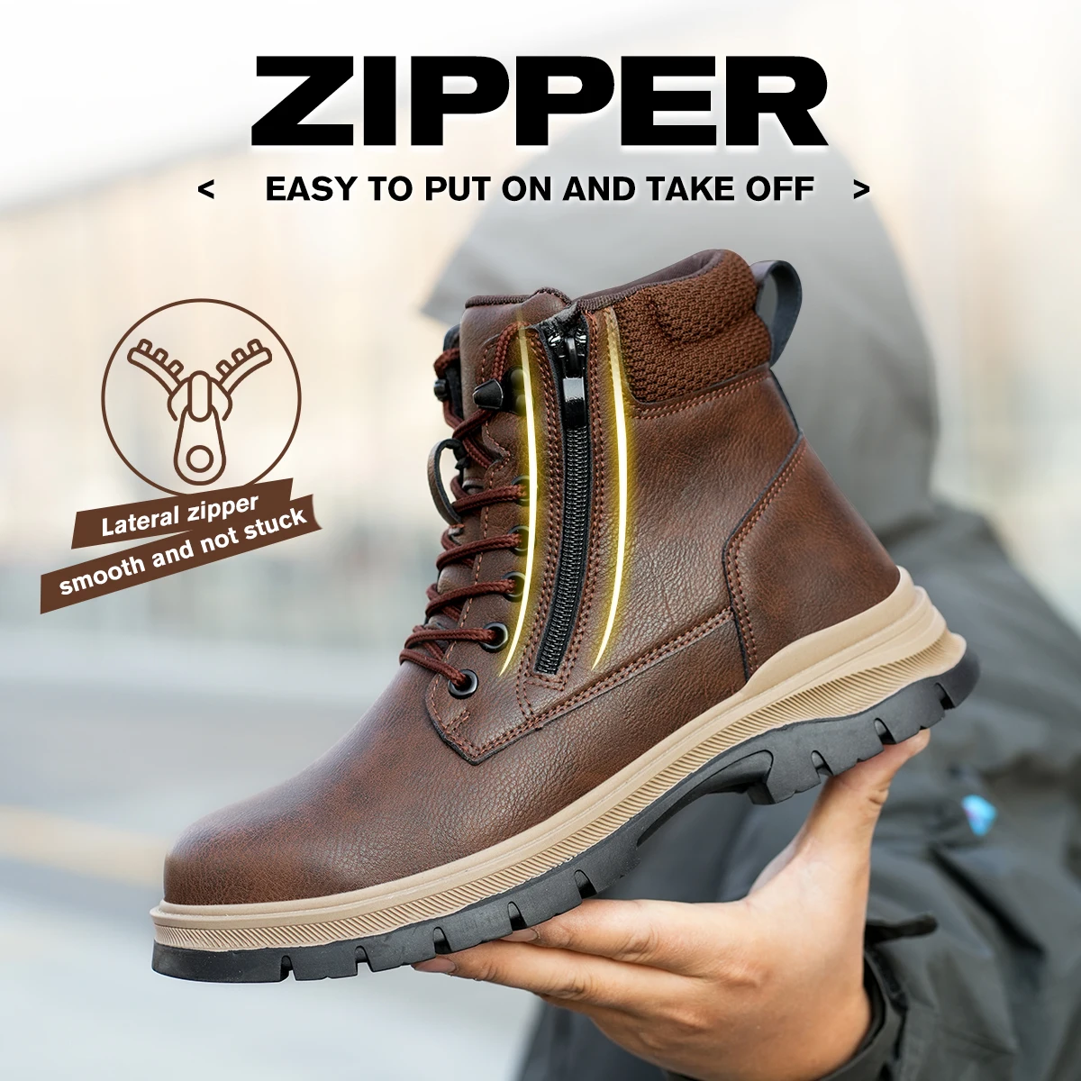 Men Work Boots Puncture-Proof  Waterproof Work Shoes Steel Toe Safety Boots Industrial Indestructible Boots Side Zipper Shoes