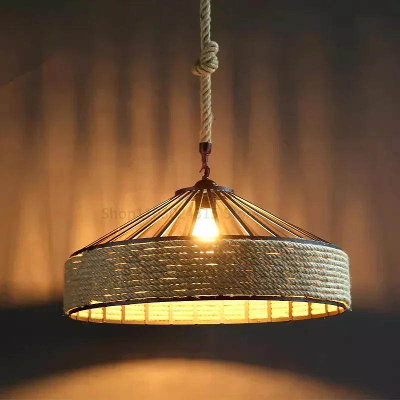 

Hemp Rope Pendant Hanging Lamp Lustre for Ceiling Chandelier Classic Retro Antique Industrial Iron Dining Room Light